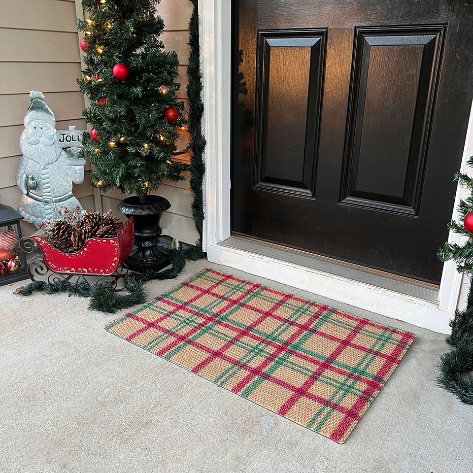 Coir green and red traditional plaid Christmas doormat in Glen Plaid