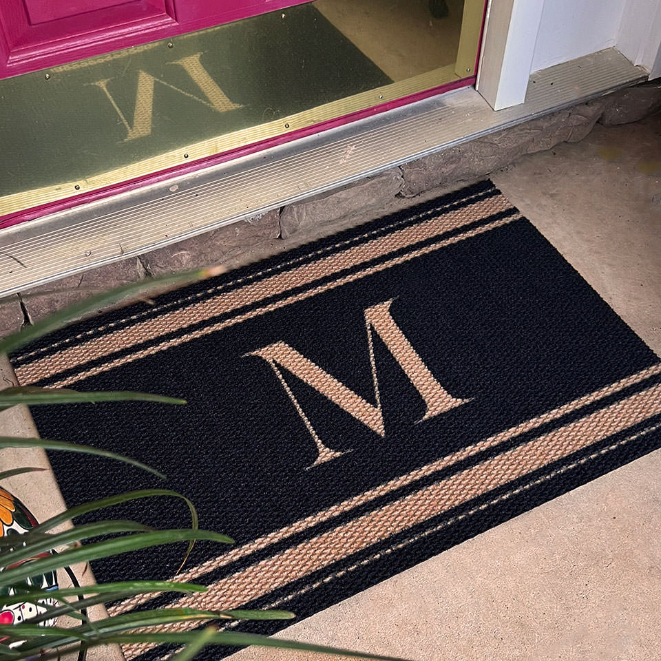 Black and coir monogram personalized doormat with initial and stripes for single door