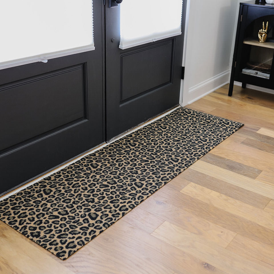 Indoor or covered porch leopard print doormat for double door showing indoors