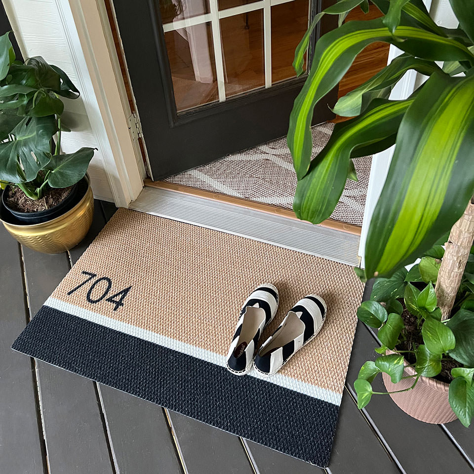 Coir black and white personalized doormat personalized with house number