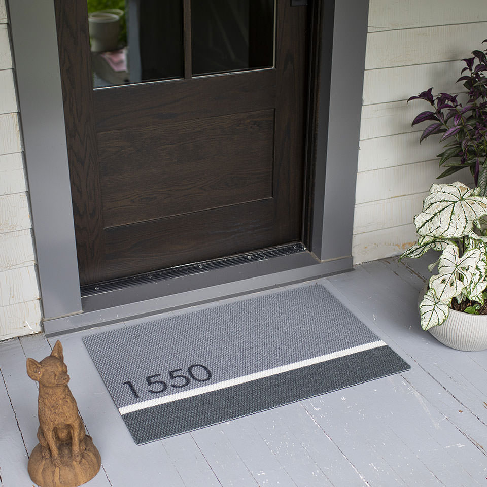 Grey black and white personalized doormat customized with house number