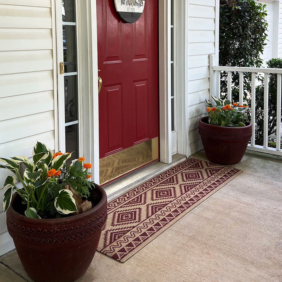 Southwestern double door mat in red on coir colorway fits perfectly in front of a single door with sidelights. Unique southwest pattern is perfect for areas with sand and dirt. 
