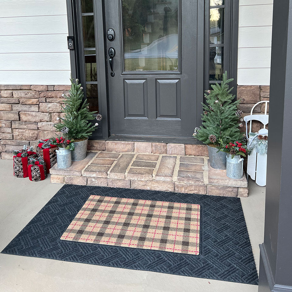 Tattersall Plaid single door doormat is a wonderful holiday pattern that can be used all year. Great for trapping dirt, snow, rain, and mud. The best doormat that can be used indoors or outdoors covered.