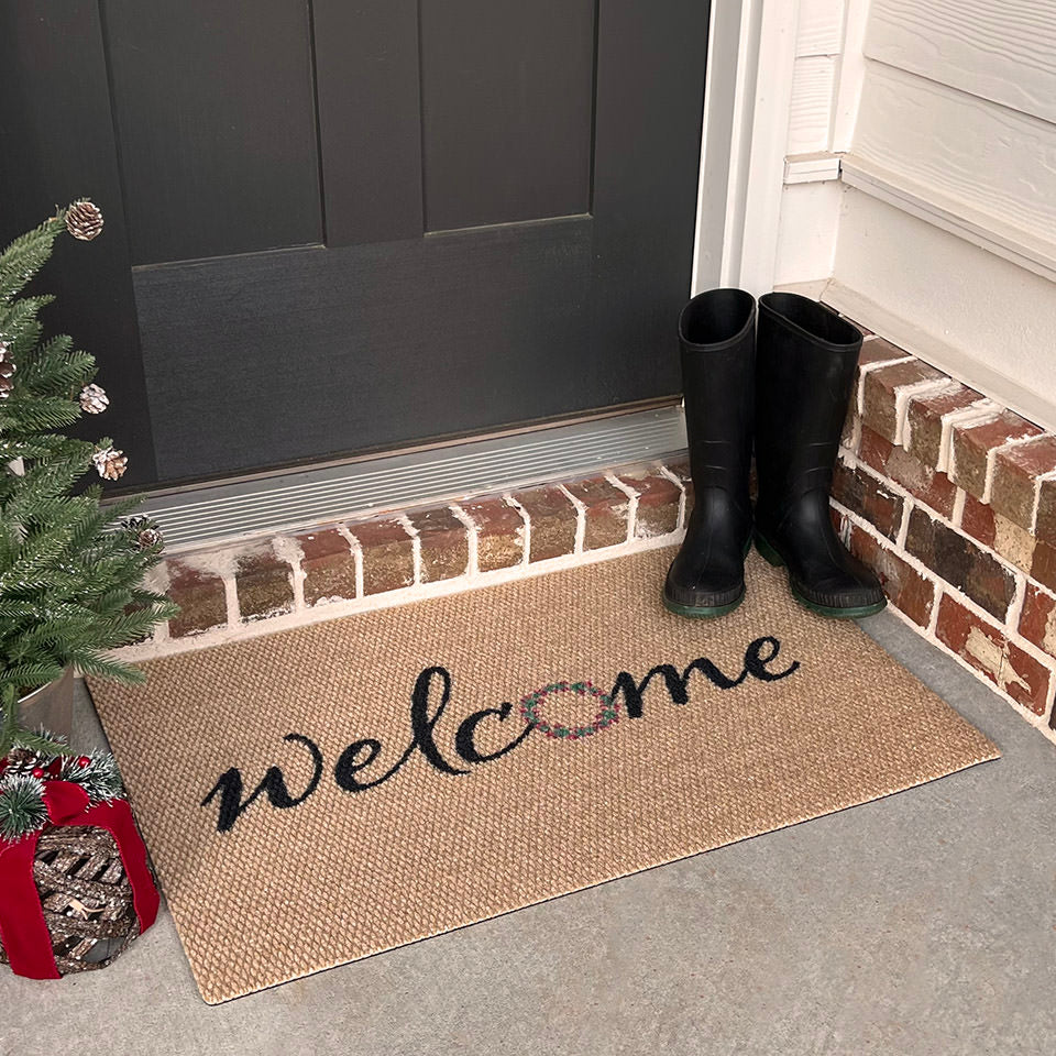 Welcome Wreath single door doormat in brown is perfect holiday mat to match your holiday decorations. Looks great at any front door.